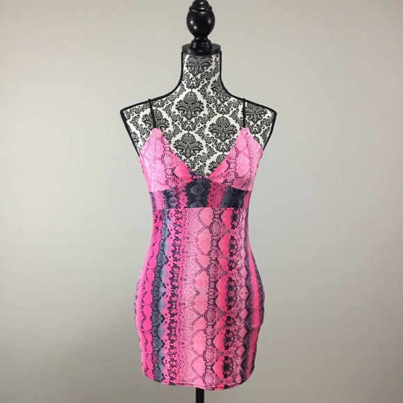 I-X London Snake Print Strappy Plunge Bodycon Nighty Slip Dress Pink - Picture 4 of 15